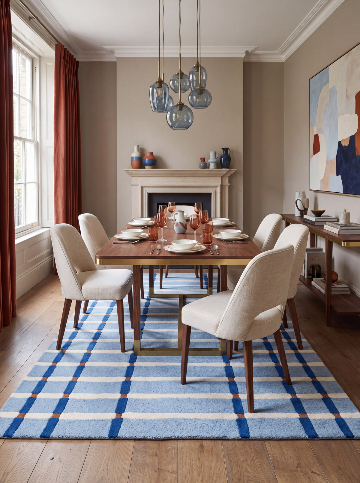Powder Blue & Ivory Tartan Carpet, Aesthetic Coastal Checkered Tufted Rug for Living Room