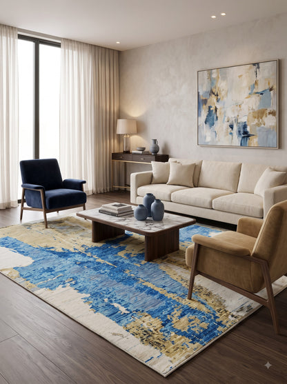 Modern Distressed Horizon Blue & Gold Wool Area Rug