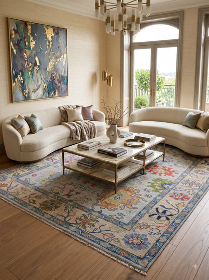 Vintage Floral Pastel Botanical Wool Hand Knotted Oushak Rug
