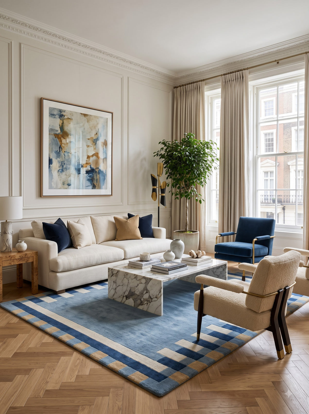 Dusty Blue Geometric Tufted Rug, Handmade Wool Area Rug Modern Nursery & Living Room Carpet