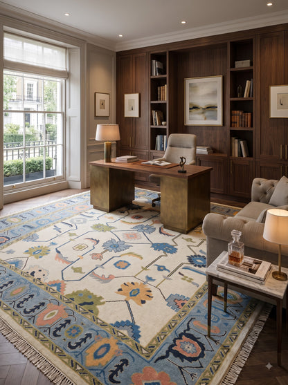 Handmade Wool Oushak Rug Sea Blue Border Floral Design Carpet