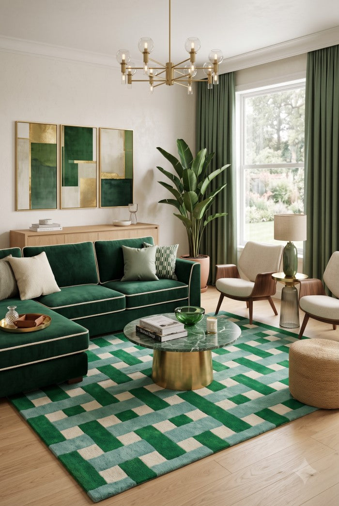 Hand Tufted Wool Carpet, Green, Basketweave, Geometric, Modern Area Rug