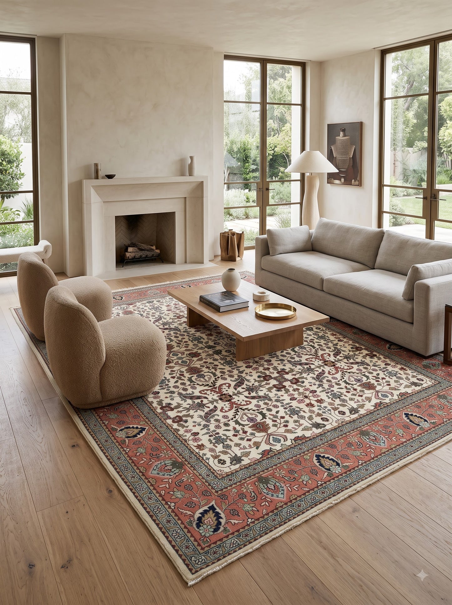 Traditional Botanical Pattern Red Ivory Designer Hand Knotted Floral Carpet