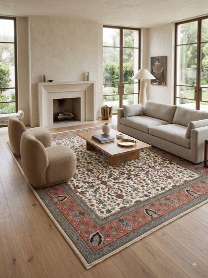 Traditional Botanical Pattern Red Ivory Designer Hand Knotted Floral Carpet