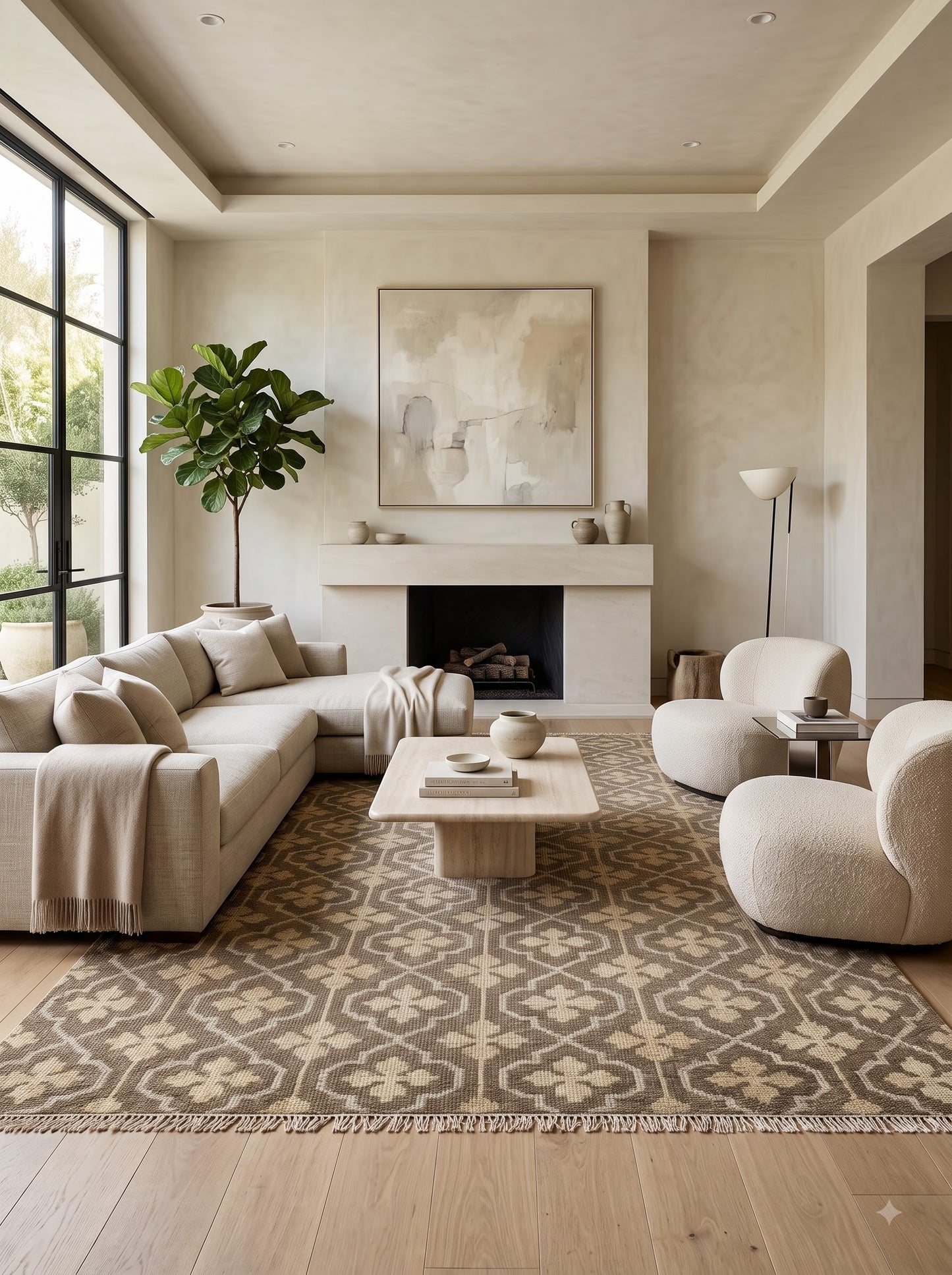 Charcoal Grey Hand Knotted Rug, Neutral Taupe & Cream Geometric Wool Area Rug