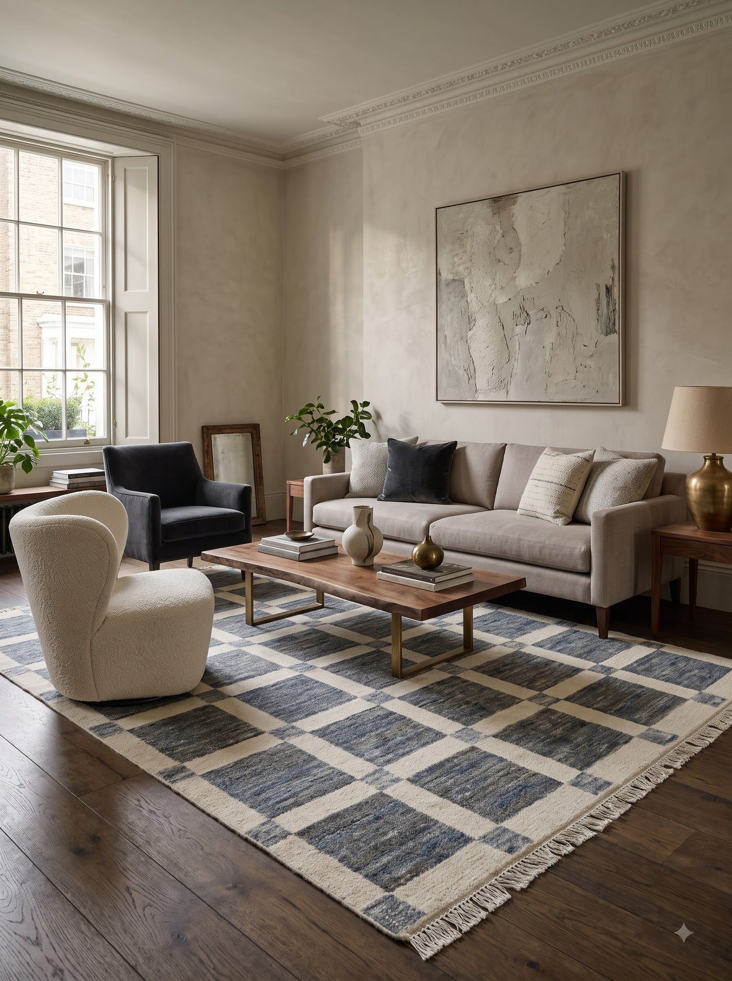 Turkish Handmade Wool Oushak Carpet, Modern Contemporary Minimalist Design for Bedroom