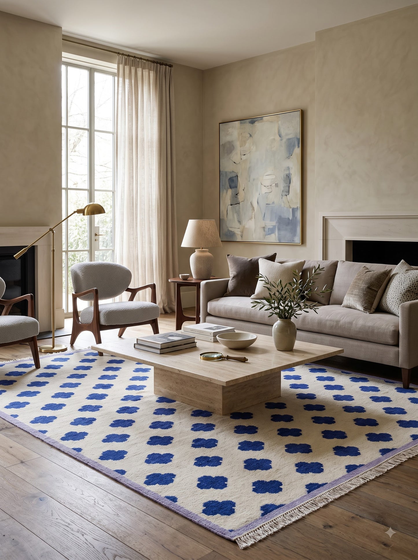 Premium Neutral Blue Geometric Wool Oushak Rug