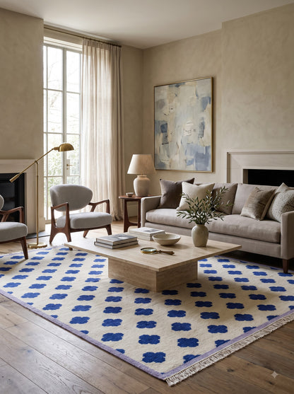 Premium Neutral Blue Geometric Wool Oushak Rug