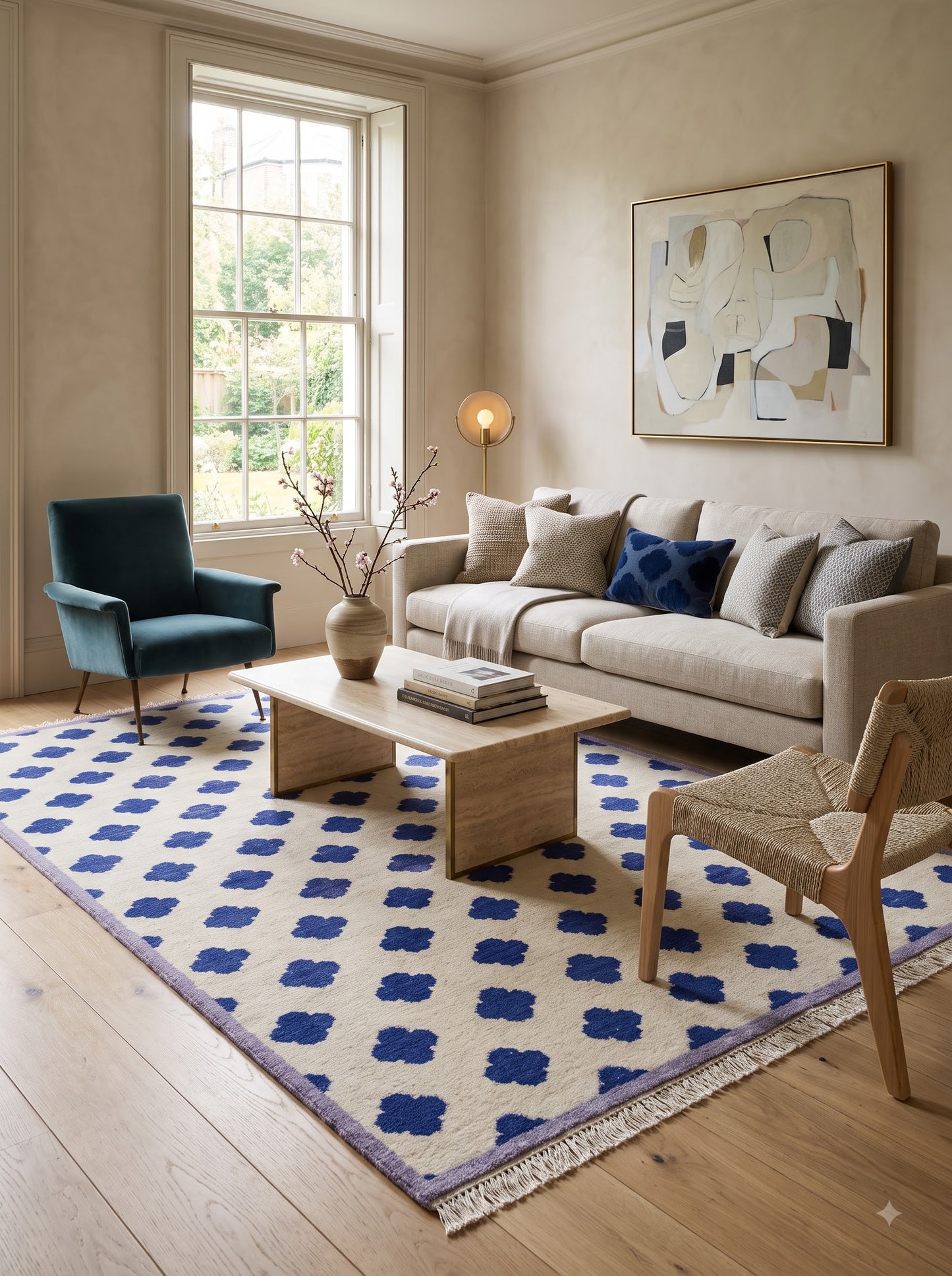 Premium Neutral Blue Geometric Wool Oushak Rug