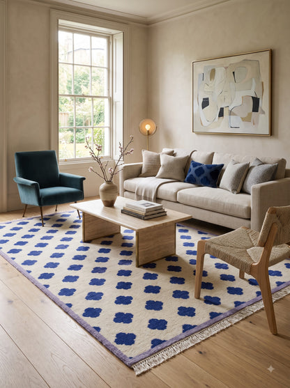 Premium Neutral Blue Geometric Wool Oushak Rug