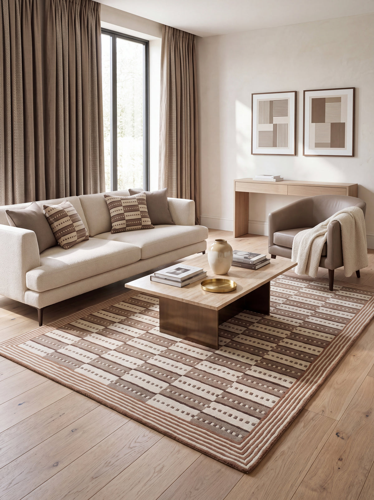 Designer Hand Tufted Wool Rug ,Brown Ivory Modern Area Rug, Bespoke Wool Carpet for UK Homes
