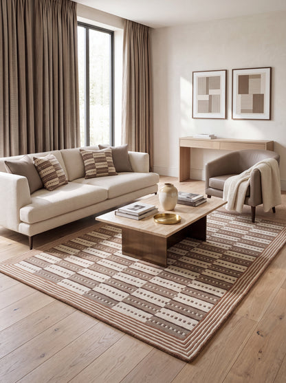 Designer Hand Tufted Wool Rug ,Brown Ivory Modern Area Rug, Bespoke Wool Carpet for UK Homes
