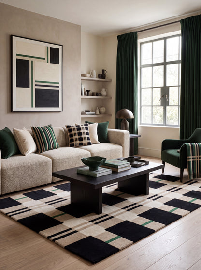 Monochrome Black & Beige Grid Tufted Carpet, Minimalist Plaid Living Room Floor Rug