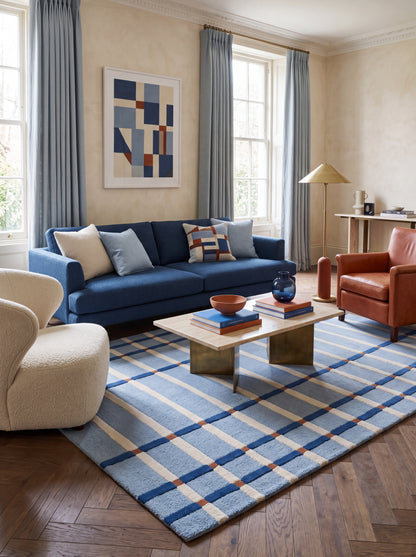 Powder Blue & Ivory Tartan Carpet, Aesthetic Coastal Checkered Tufted Rug for Living Room