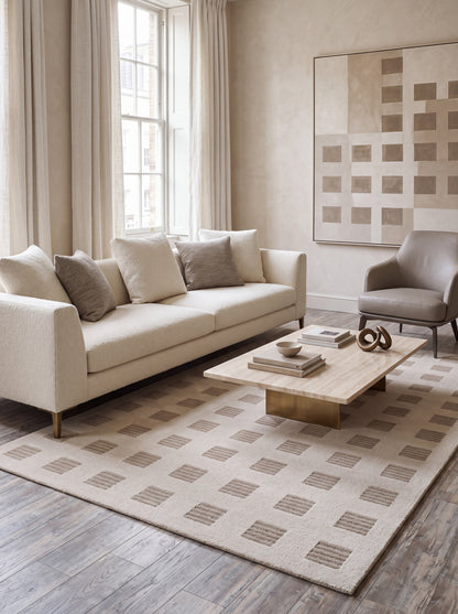 Modern Organic Grid Tufted Rug Handmade Wool Ivory Taupe Carpet