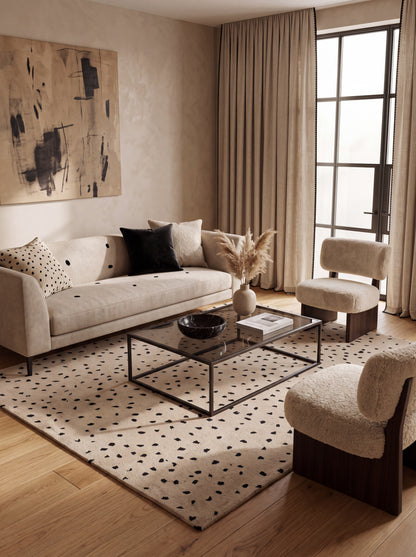 Oatmeal Beige & Black Minimalist Dot Carpet, Luxury Contemporary Wool Area Rug for Living Room