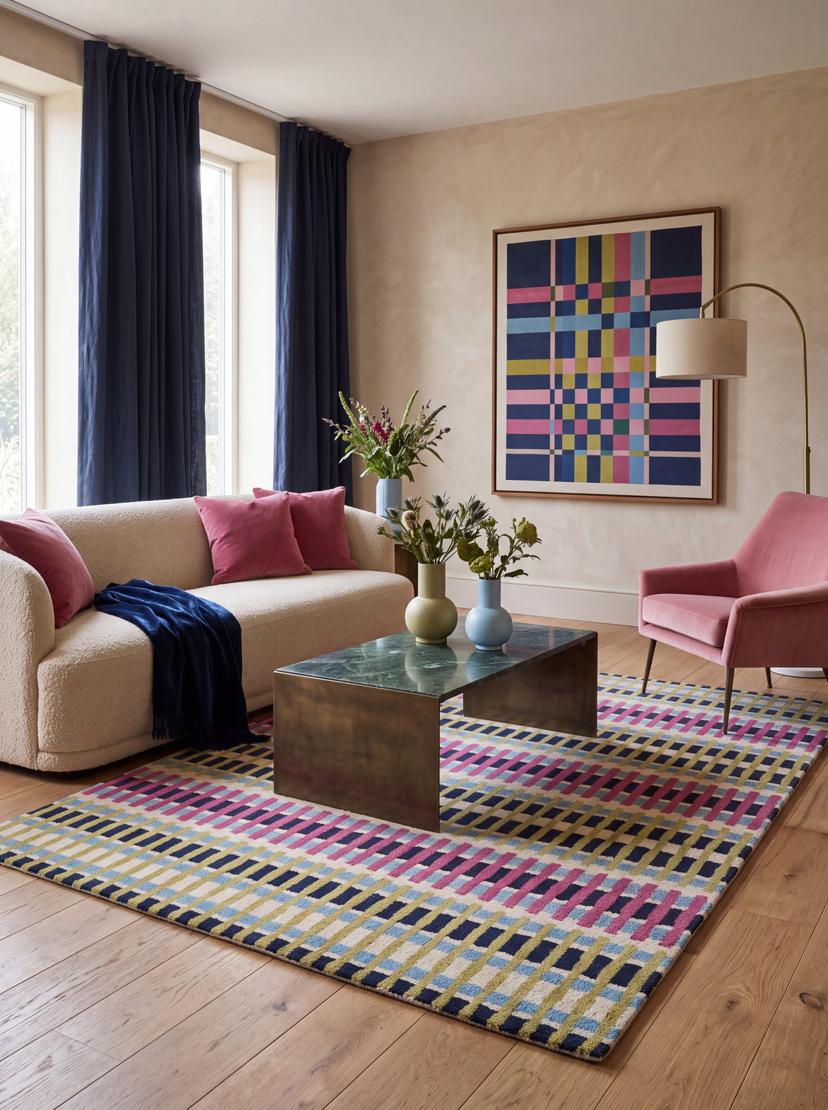 Magenta Pink & Lime Green Striped Tufted Carpet, Retro Geometric Living Room Floor Rug