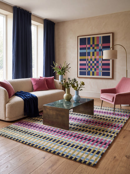Magenta Pink & Lime Green Striped Tufted Carpet, Retro Geometric Living Room Floor Rug