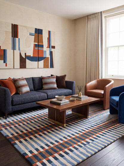 Bauhaus Barcode Hand-Tufted Wool Rug Navy Blue Terracotta & Cream Linear Block Carpet