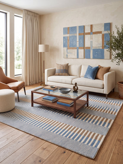Coastal Horizon Hand-Tufted Wool Rug - Light Blue, Caramel & Cream Block Striped Carpet
