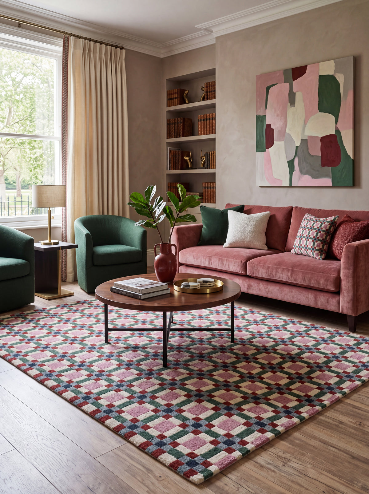 Pastel Pink & Green Checkered Rug, Modern Geometric Grid Living Room Carpet