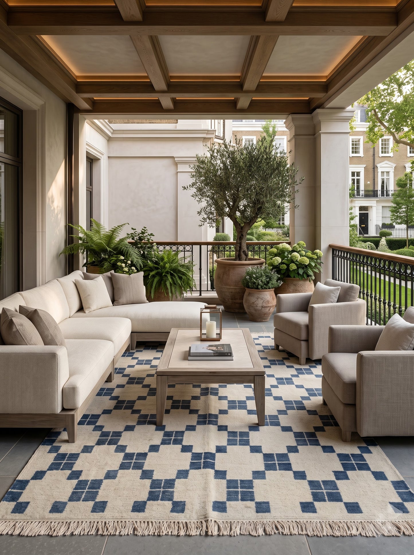 Hand-Knotted Wool Oushak Carpet, Blue And White Geometric Area Rug