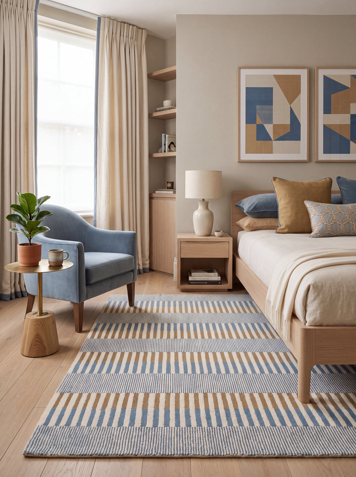 Coastal Horizon Hand-Tufted Wool Rug - Light Blue, Caramel & Cream Block Striped Carpet