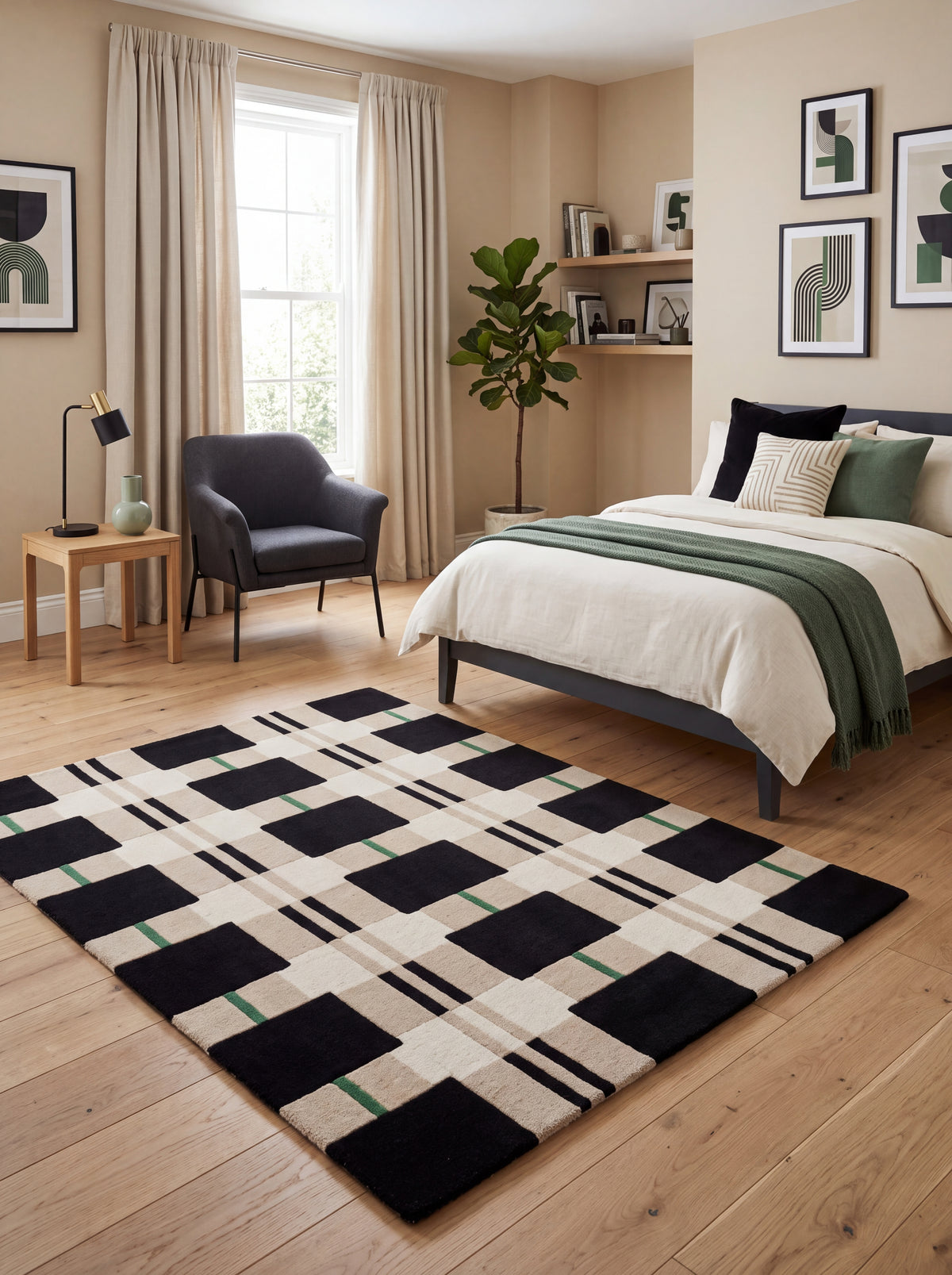 Monochrome Black & Beige Grid Tufted Carpet, Minimalist Plaid Living Room Floor Rug