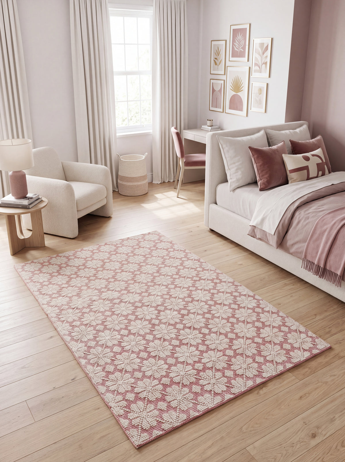 Pink Ivory Hand Tufted Wool Rug Contemporary Floral Living Room Rug | Bespoke Designer Wool Carpet
