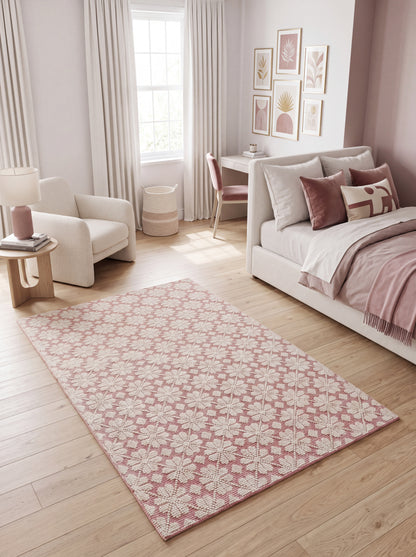 Pink Ivory Hand Tufted Wool Rug Contemporary Floral Living Room Rug | Bespoke Designer Wool Carpet