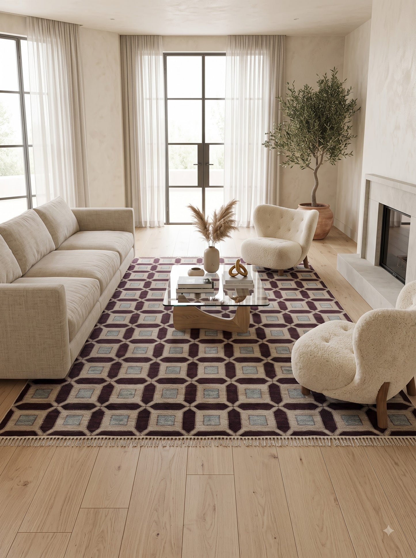 Plum & Ivory Architectural Checkered Lattice Grid Carpet for Living Room