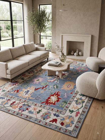Hand Knotted Oushak Denim Blue & Cream Wool carpet