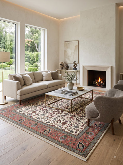 Traditional Botanical Pattern Red Ivory Designer Hand Knotted Floral Carpet