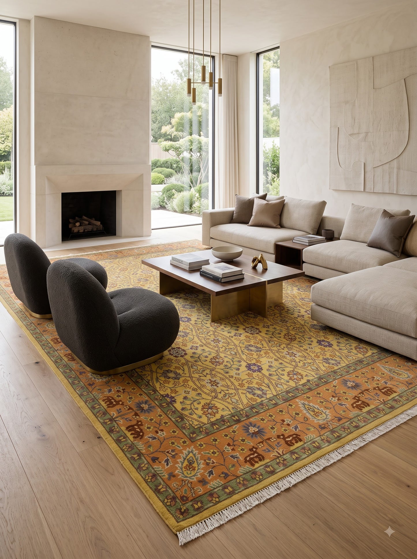 Hand-Knotted Wool Oushak Rug Gold Yellow Floral Carpet Rust Orange Border