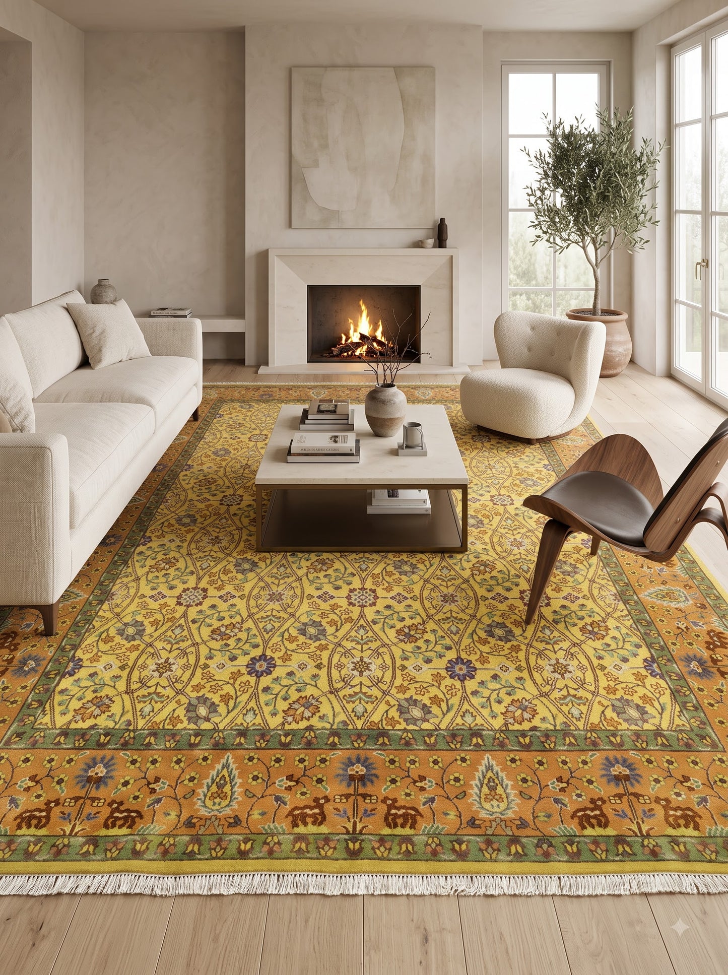 Hand-Knotted Wool Oushak Rug Gold Yellow Floral Carpet Rust Orange Border