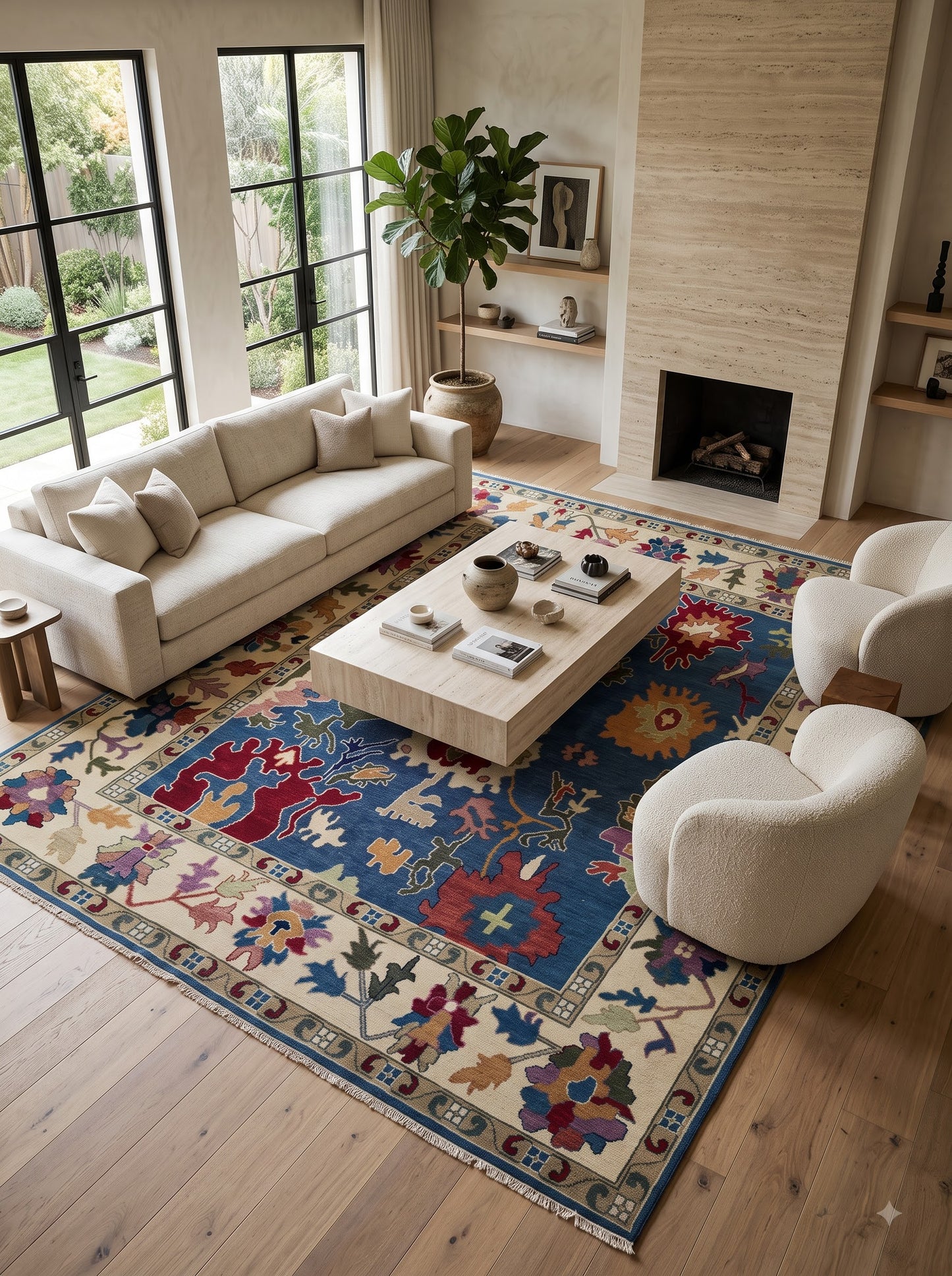 Hand Knotted Wool Oushak Rug Blue Anatolian Carpet