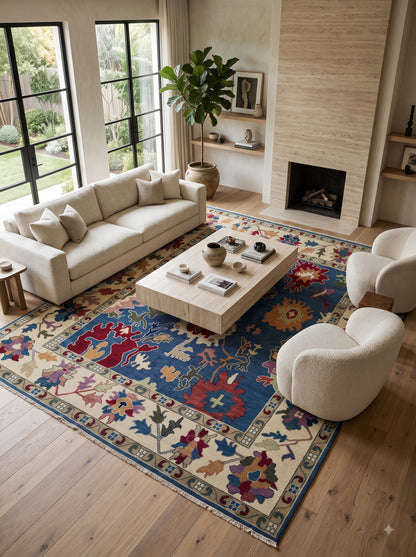 Hand Knotted Wool Oushak Rug Blue Anatolian Carpet
