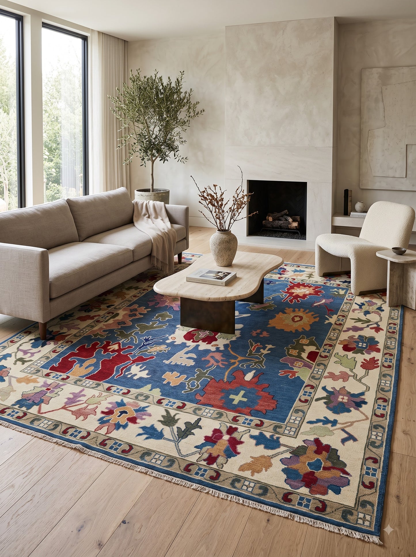 Hand Knotted Wool Oushak Rug Blue Anatolian Carpet