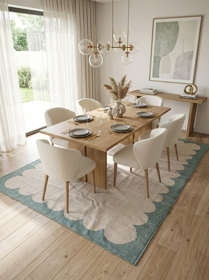Seafoam Scallop Frame Scalloped Border Flatweave Area Rug
