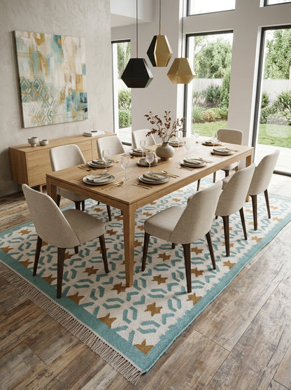 Teal Sunburst Trellis Aqua Mint Green, Ochre & Cream Cotton Wool Dhurrie