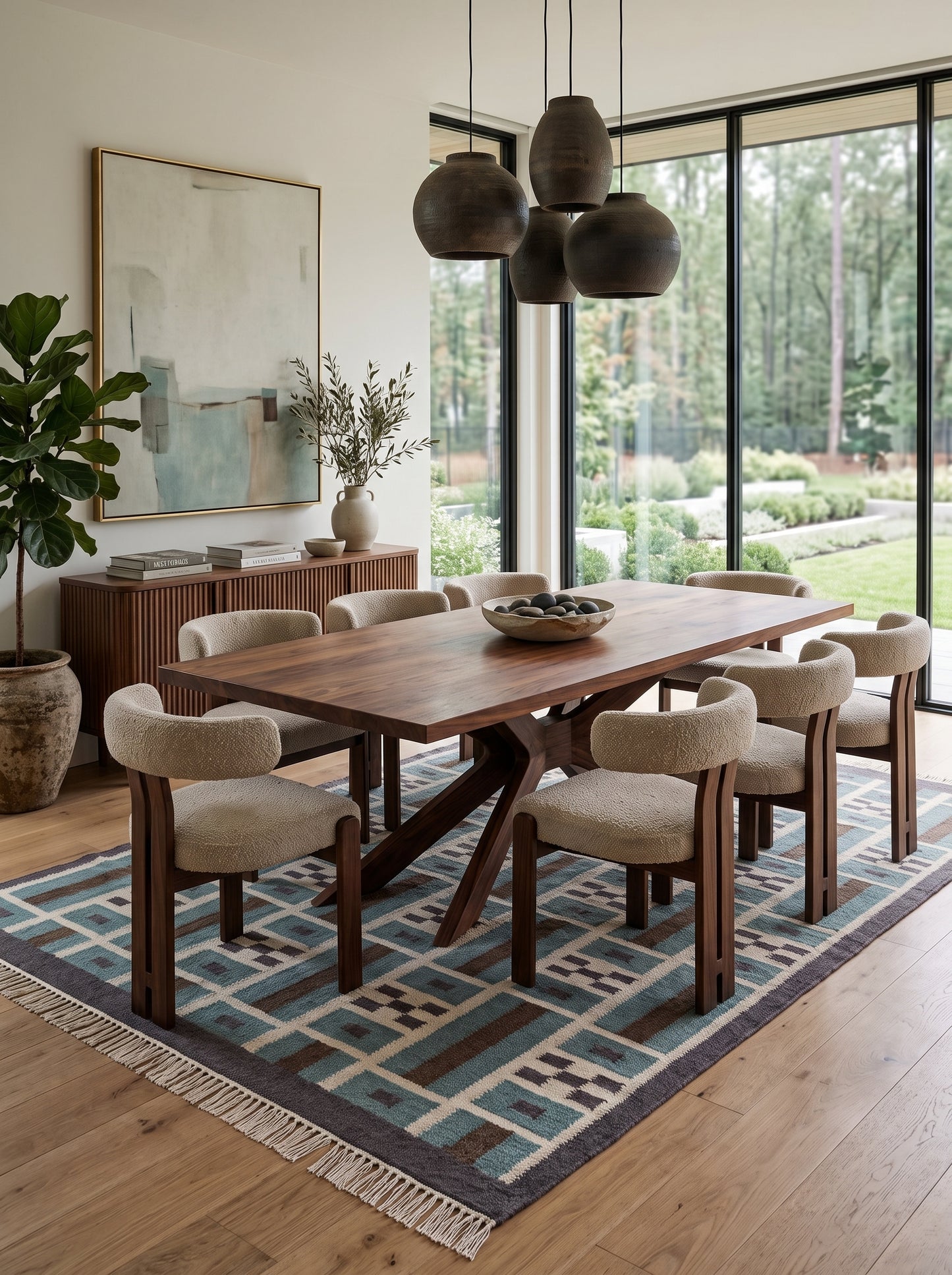 Teal Earth Block Grid Brown Wool Cotton Dhurrie Rug