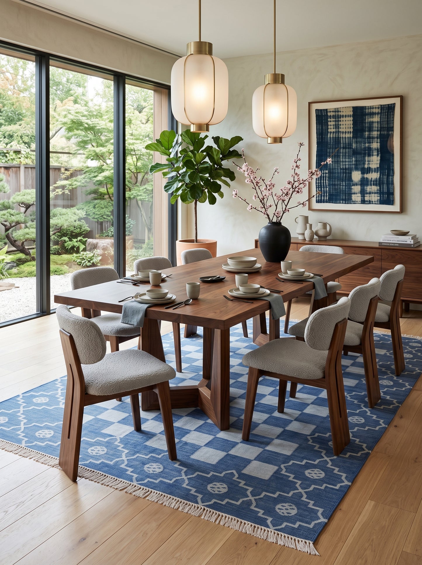 Cornflower Checkered Medallion Geometric Stepped Diamond Border Flatweave rug