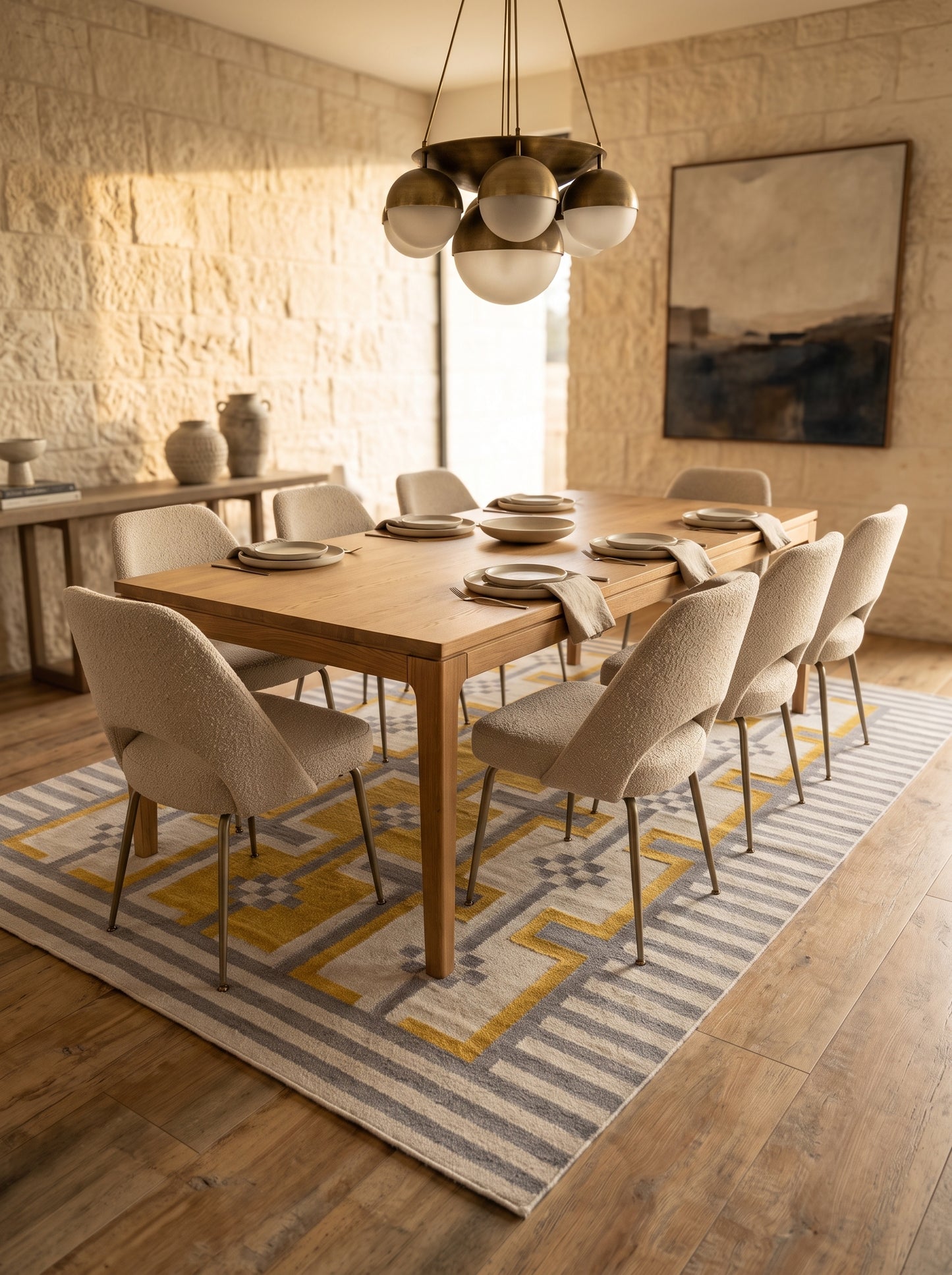 Bauhaus Step Striped Border and Mustard Geometric Pattern rug
