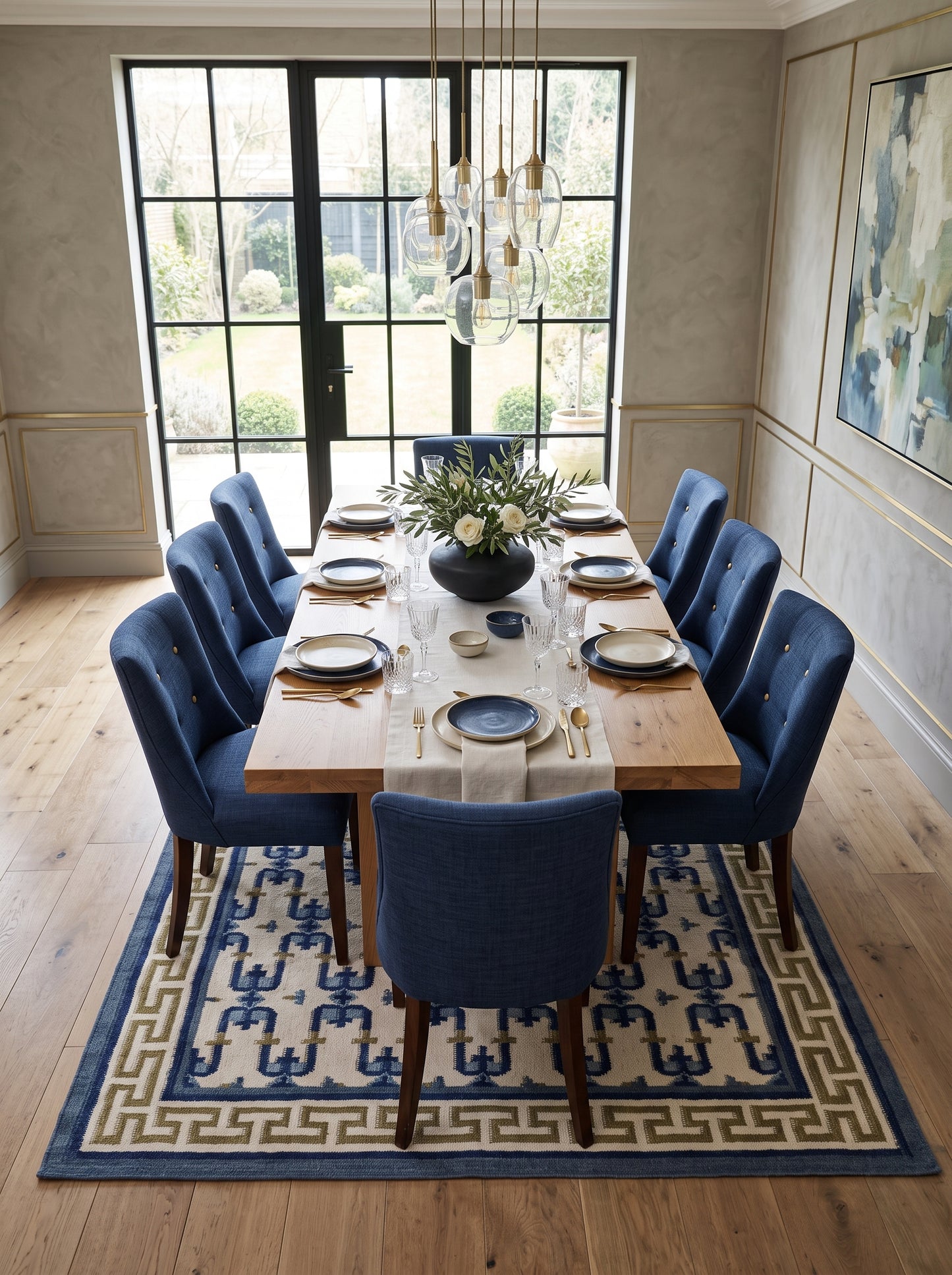 Oceanic Greek Maze Mediterranean Wave Pattern Wool Area Rug