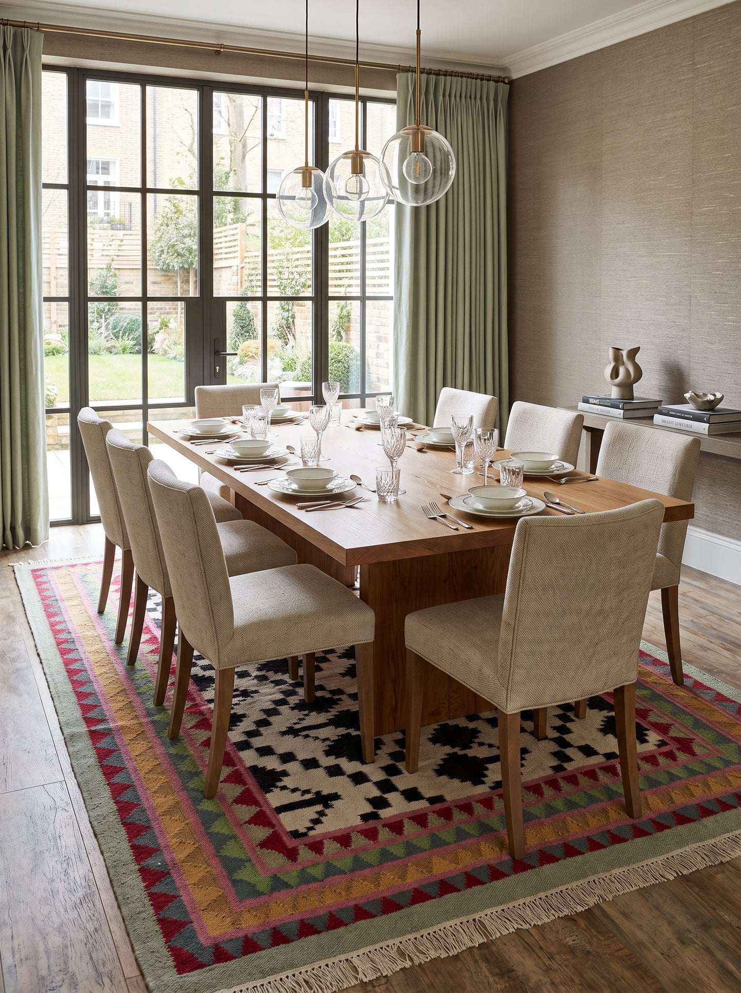 Monochrome Tree & Sawtooth Border Wool Area Rug