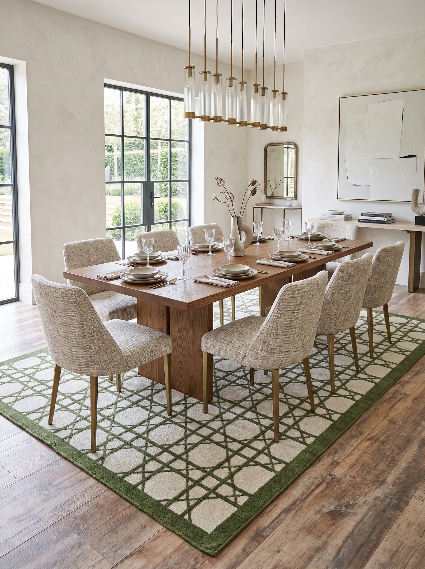 Handwoven Verdant Geometric Cane Wool Cotton Dhurrie Rug