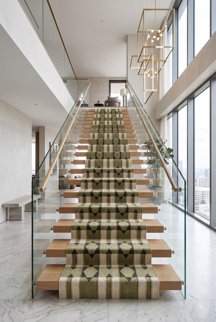 Olive Green Wool Runner Rug, Handmade Geometric Hallway Runner