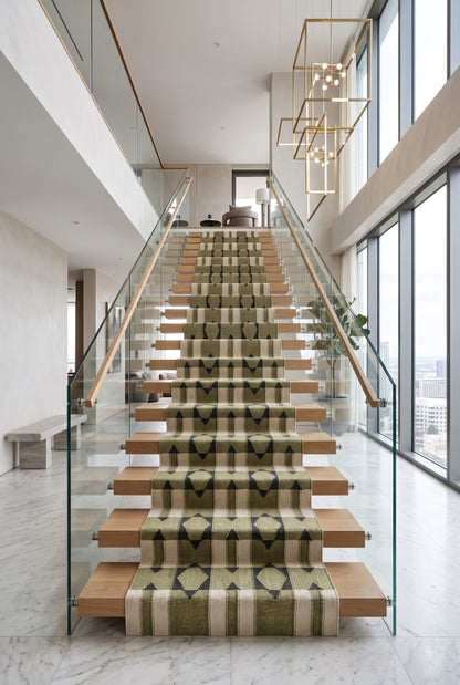 Olive Green Wool Runner Rug, Handmade Geometric Hallway Runner