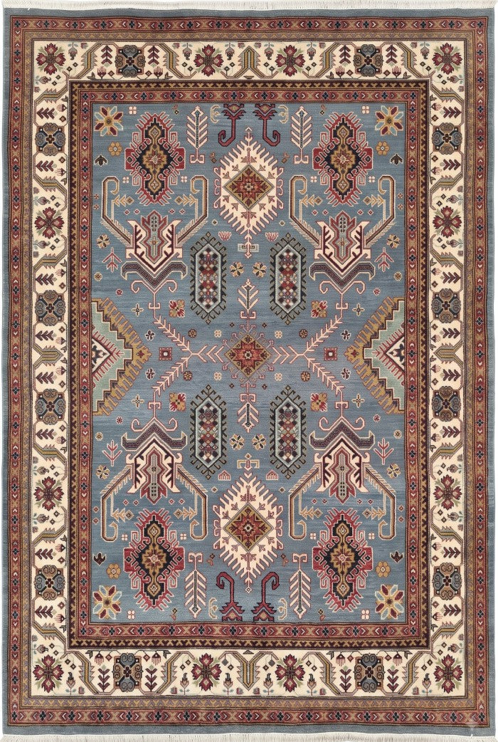 Hand-Knotted Wool Oushak Rug, Blue Tribal Area Carpet, Geometric Floral Modern Rug