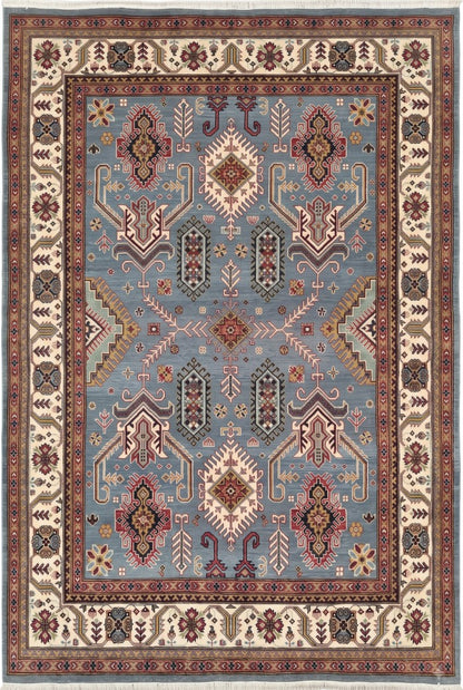 Hand-Knotted Wool Oushak Rug, Blue Tribal Area Carpet, Geometric Floral Modern Rug